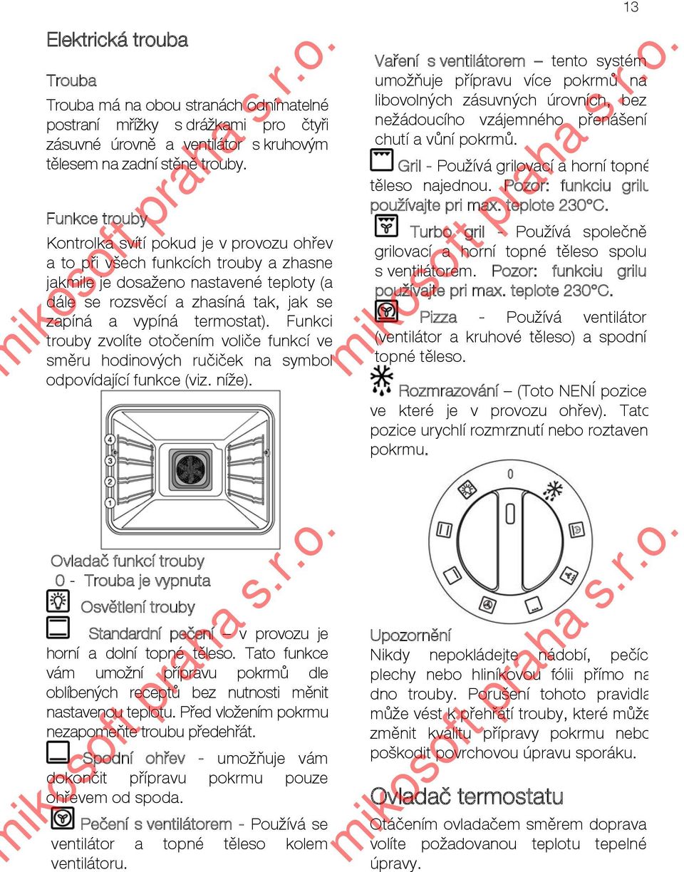 termostat). Funkci trouby zvolíte otočením voliče funkcí ve směru hodinových ručiček na symbol odpovídající funkce (viz. níže).