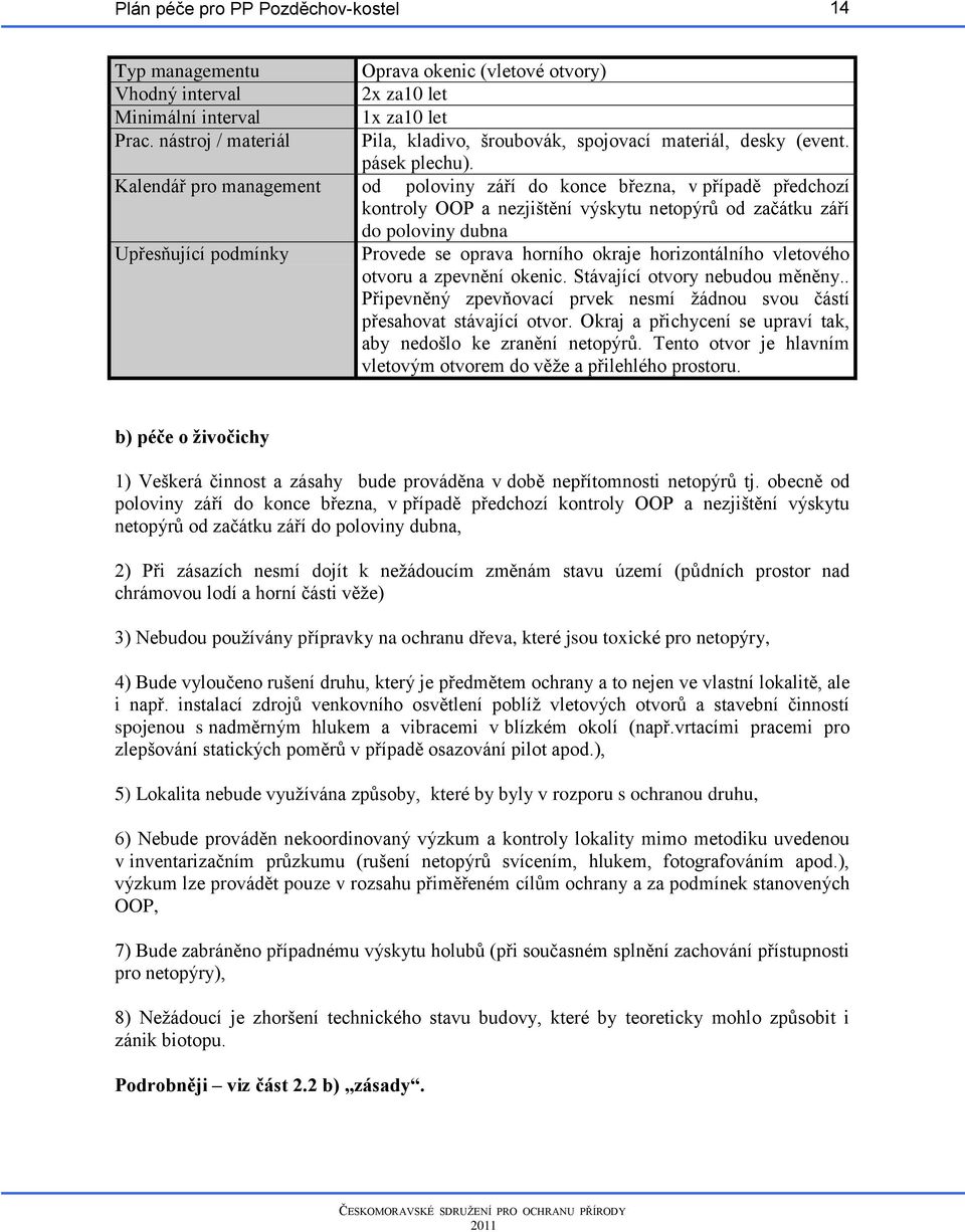 Kalendář pro management od poloviny září do konce března, v případě předchozí kontroly OOP a nezjištění výskytu netopýrů od začátku září do poloviny dubna Upřesňující podmínky Provede se oprava