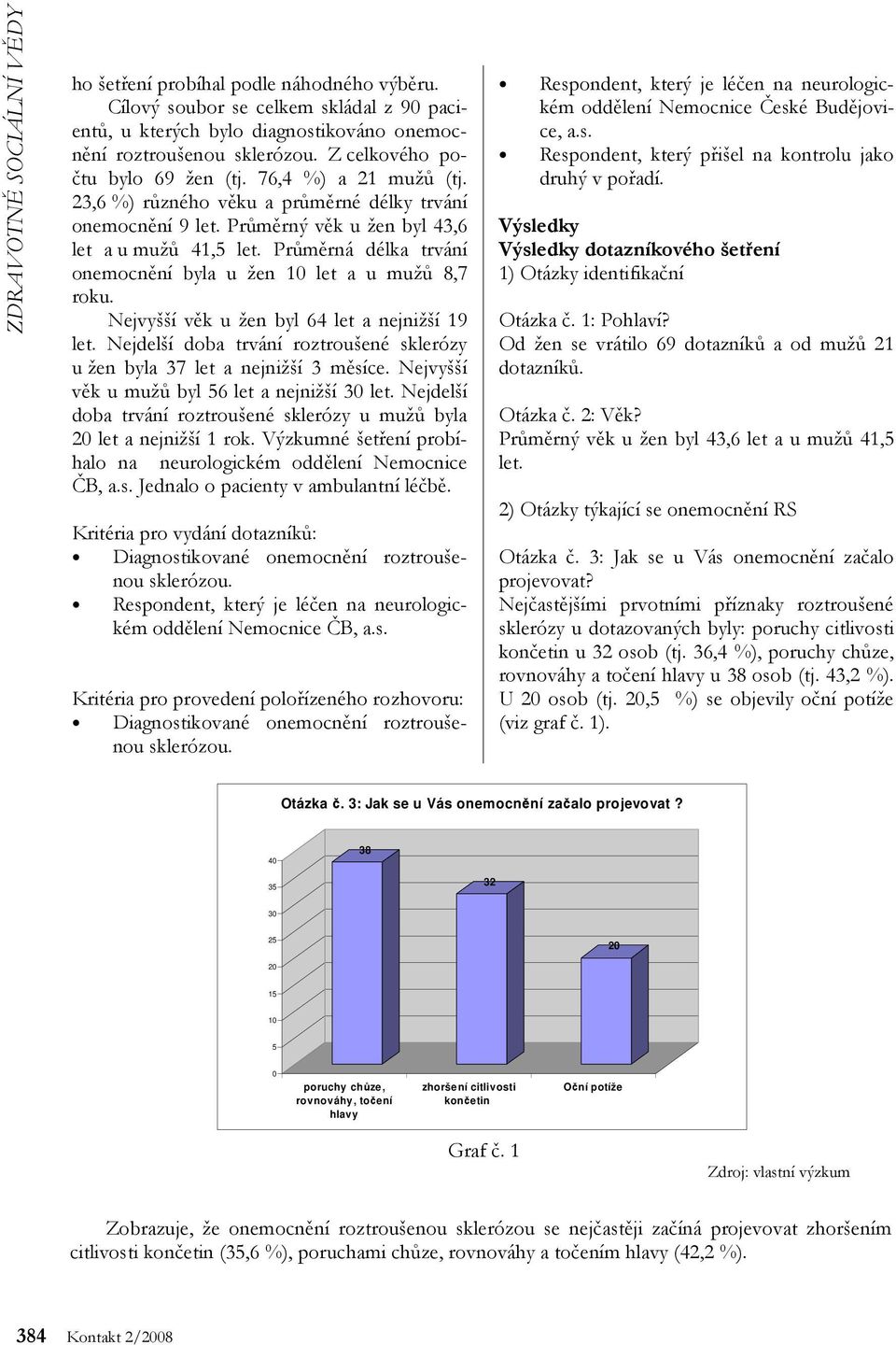 Průměrná délka trvání onemocnění byla u žen let a u mužů 8,7 roku. Nejvyšší věk u žen byl 64 let a nejnižší 19 let. Nejdelší doba trvání roztroušené sklerózy u žen byla 37 let a nejnižší 3 měsíce.