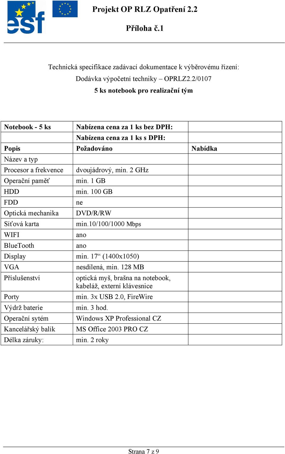 dvoujádrový, min. 2 GHz Operační paměť min.