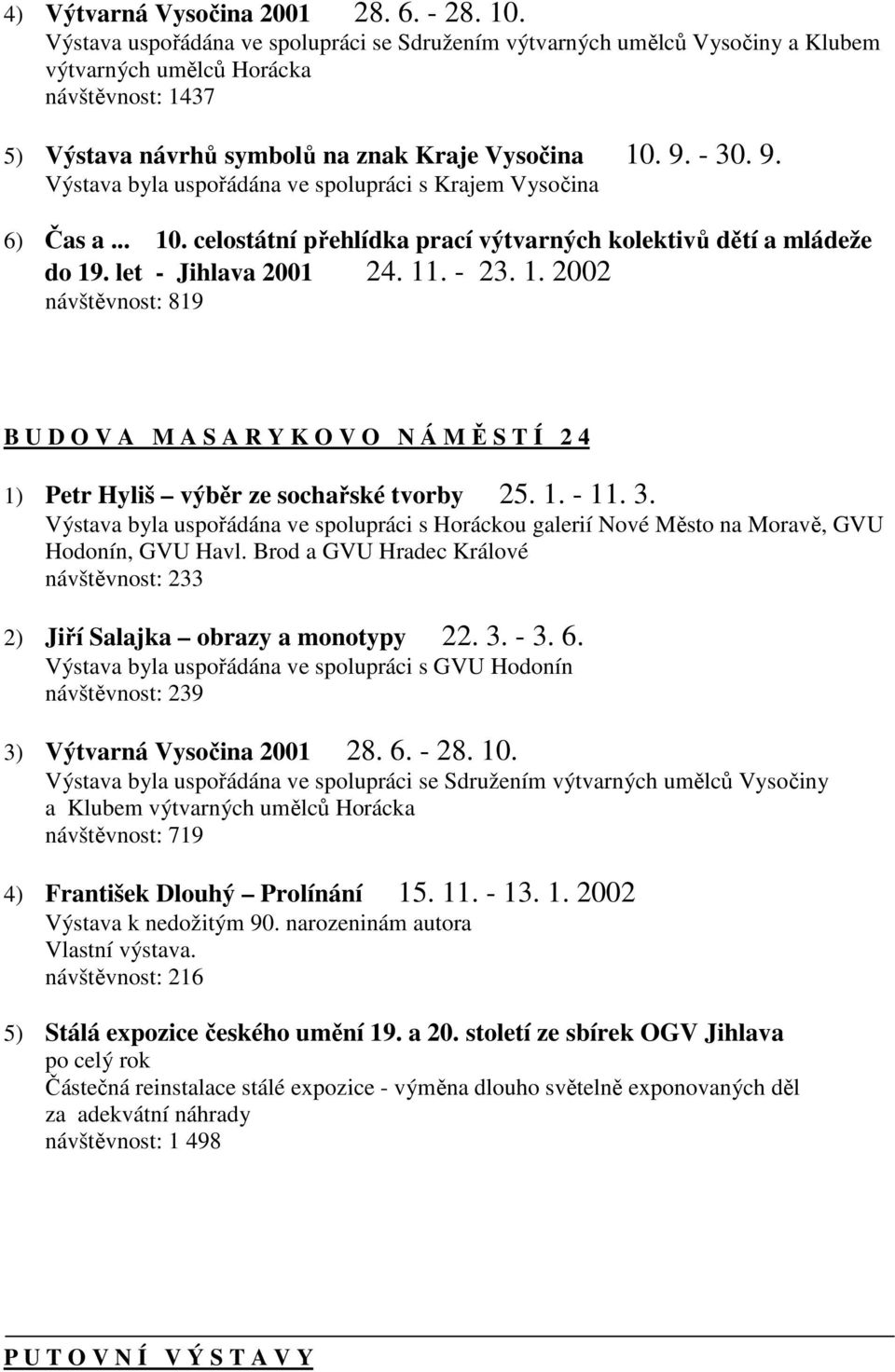 - 30. 9. Výstava byla uspořádána ve spolupráci s Krajem Vysočina 6) Čas a... 10. celostátní přehlídka prací výtvarných kolektivů dětí a mládeže do 19. let - Jihlava 2001 24. 11. - 23. 1. 2002 návštěvnost: 819 B U D O V A M A S A R Y K O V O N Á M Ě S T Í 2 4 1) Petr Hyliš výběr ze sochařské tvorby 25.