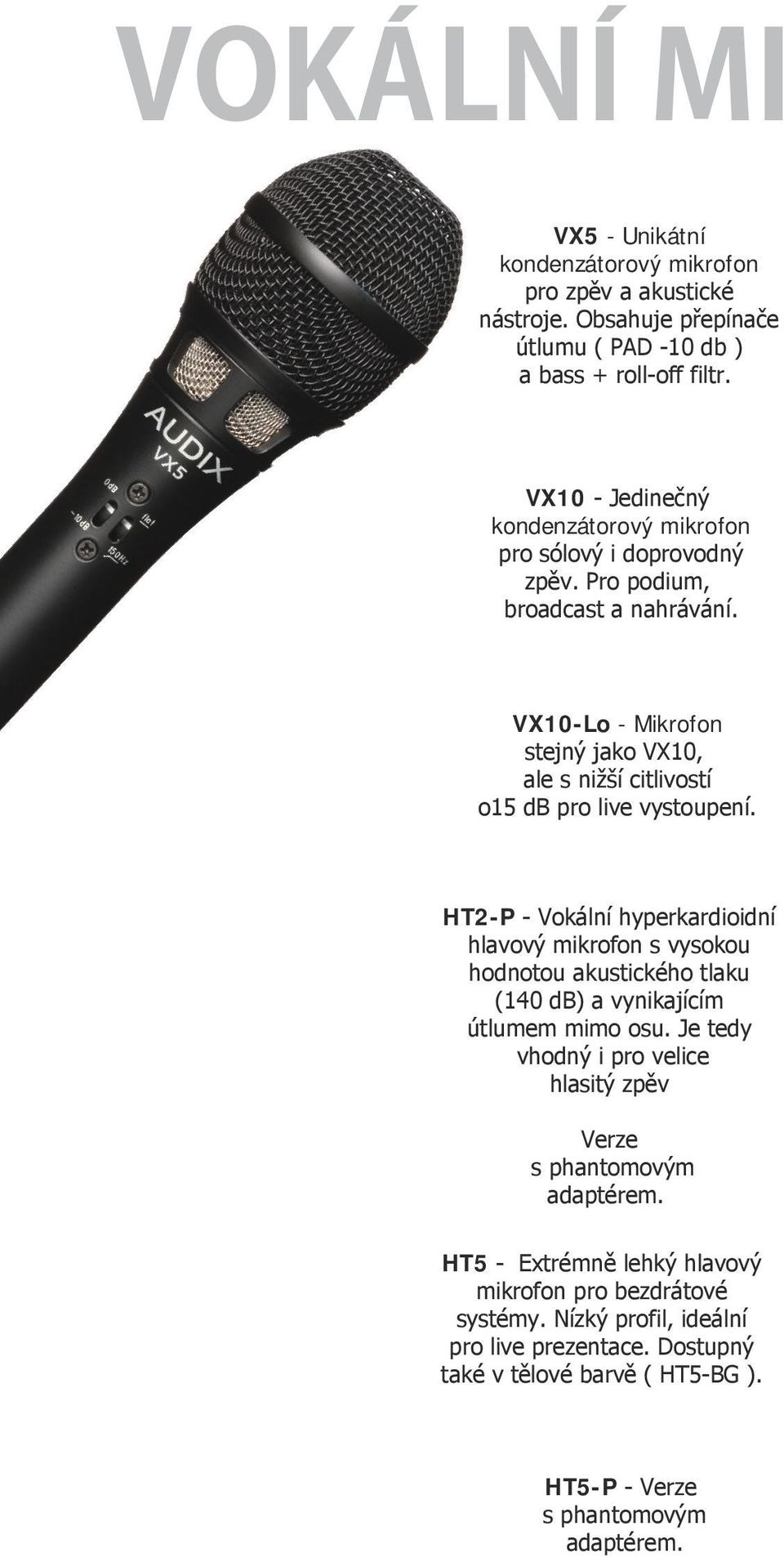 VX10-Lo - Mikrofon stejný jako VX10, ale s nižší citlivostí o15 db pro live vystoupení.