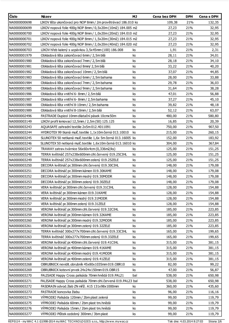 015 m2 27,23 21% 32,95 NA0000000702 LIKOV nopová folie 400g NOP 8mm / 2,0x20m (40m2) 184.020 m2 27,23 21% 32,95 NA0000000703 LIKOV hřeb kalený s ucpávkou 3,5x45mm (100) 186.