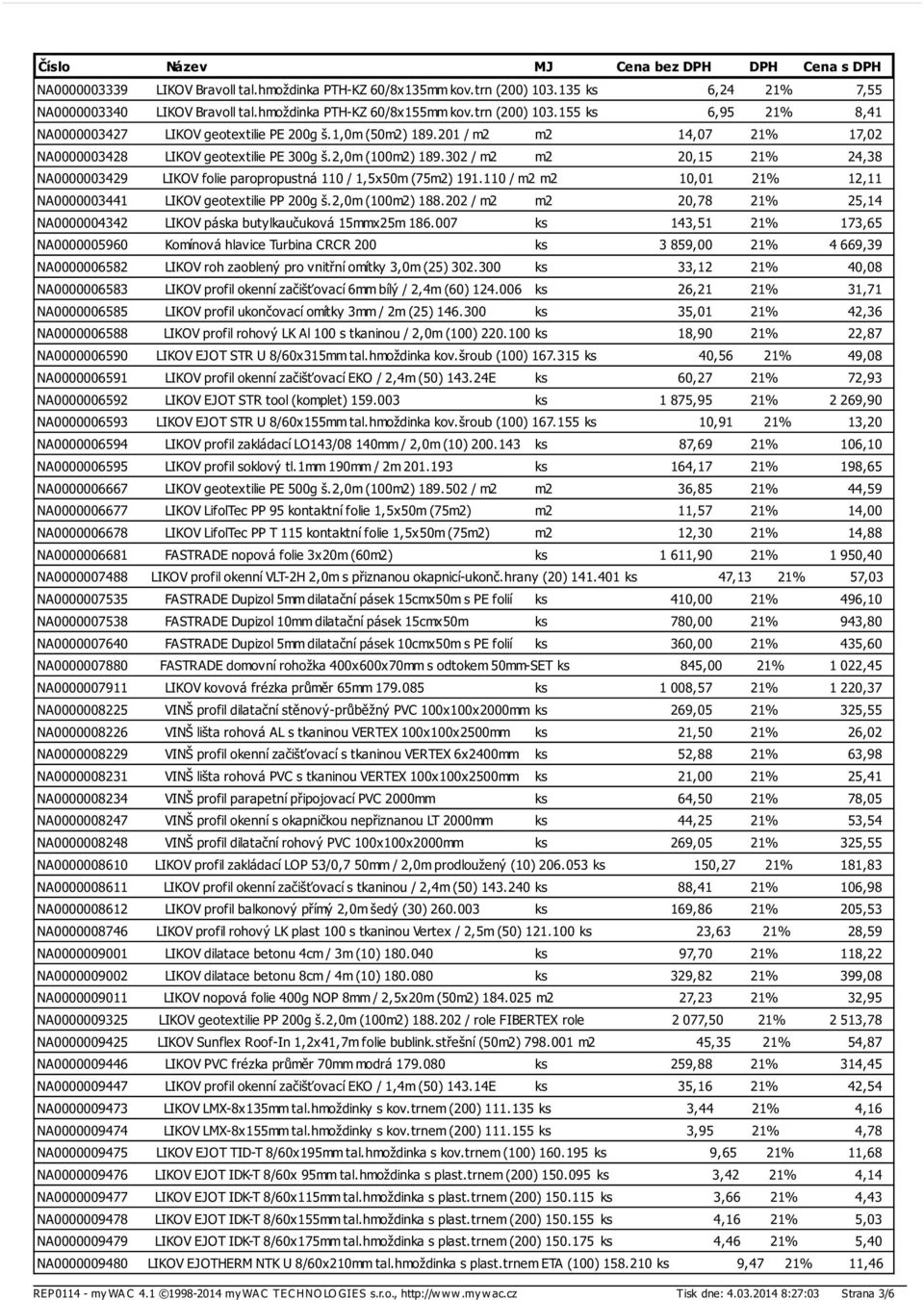 110 / m2 m2 10,01 21% 12,11 NA0000003441 LIKOV geotextilie PP 200g š.2,0m (100m2) 188.202 / m2 m2 20,78 21% 25,14 NA0000004342 LIKOV páska butylkaučuková 15mmx25m 186.