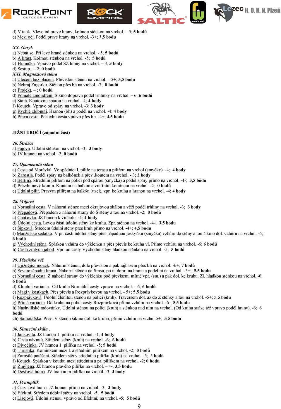 Převislou stěnou na vrchol. 5+; 5,5 bodu b) Nehraj Zagorku. Stěnou přes bh na vrchol. -7; 8 bodů c) Projekt. ; 0 bodů d) Pomalé zmoudření. Šikmo doprava podél trhlinky na vrchol. 6; 6 bodů e) Stará.