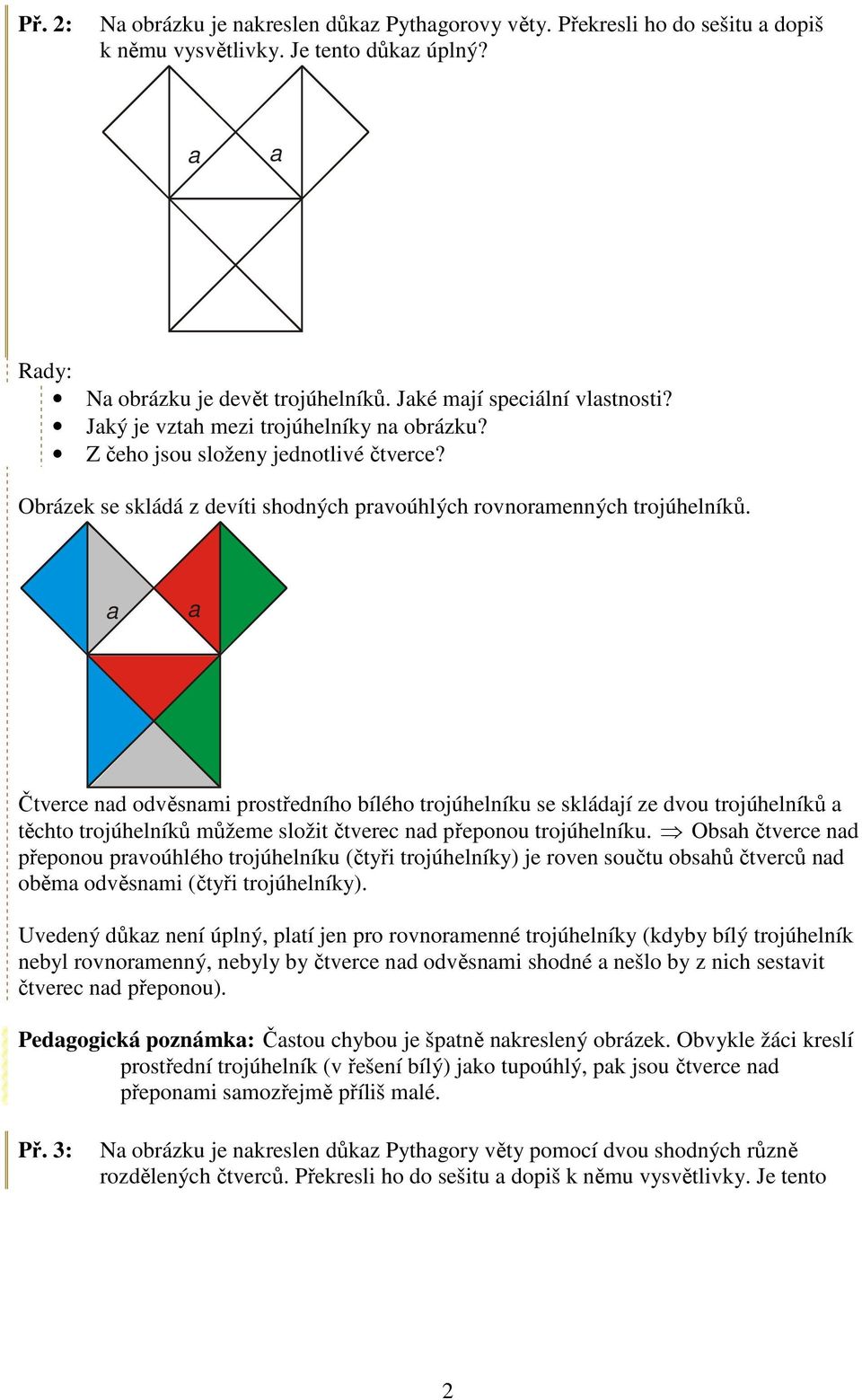 Čtverce nd odvěsnmi prostředního bílého trojúhelníku se skládjí ze dvou trojúhelníků těchto trojúhelníků můžeme složit čtverec nd přeponou trojúhelníku.