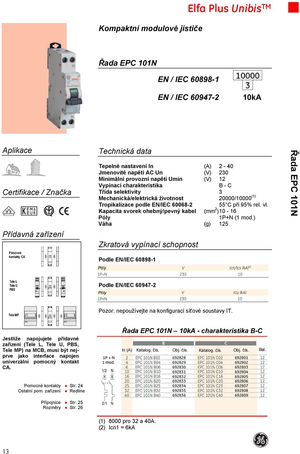 60068-2 55 C při 95% rel. vl. Kapacita svorek ohebný/pevný kabel (mm 2 ) 10-16 Póly 1P+N (1 mod.