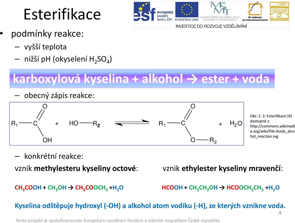 svg konkrétní reakce: vznik methylesteru kyseliny octové: vznik ethylester kyseliny mravenčí: CH 3 COOH+ CH 3 OH CH 3 COOCH 3