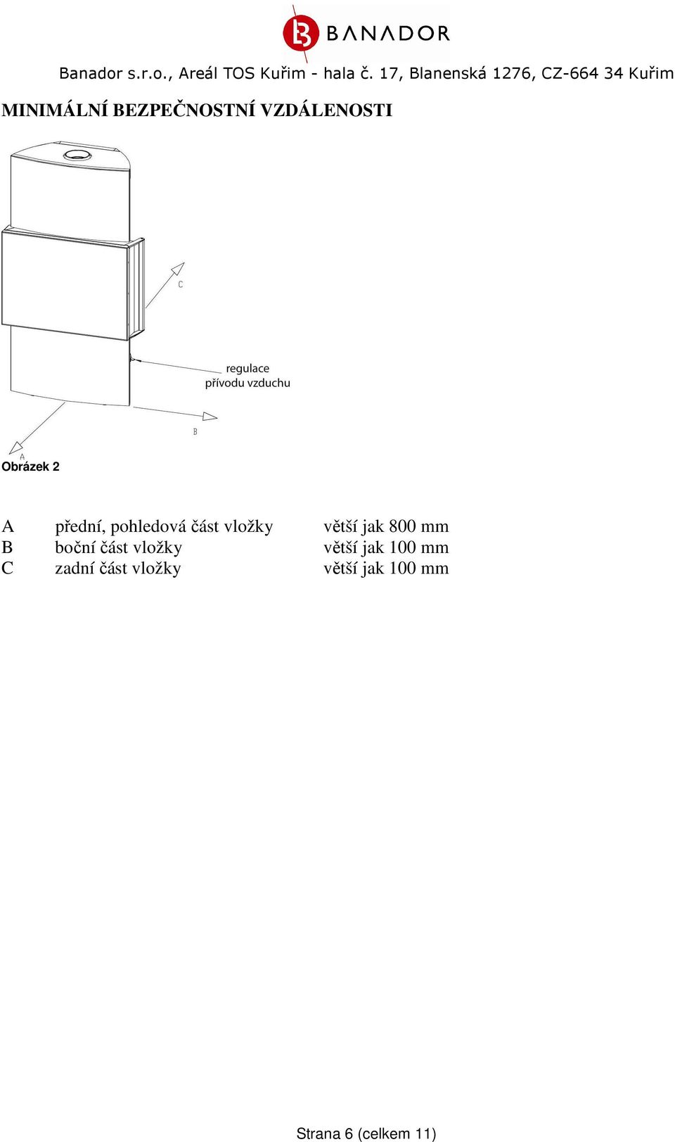 B boční část vložky větší jak 100 mm C zadní