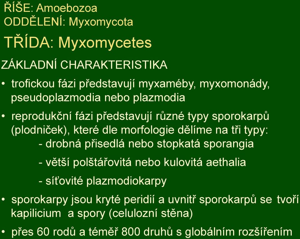 typy: - drobná přisedlá nebo stopkatá sporangia - větší polštářovitá nebo kulovitá aethalia - síťovité plazmodiokarpy sporokarpy