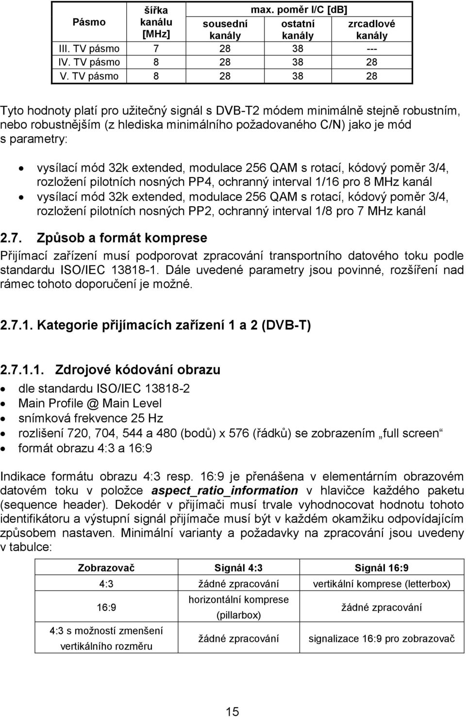 32k extended, modulace 256 QAM s rotací, kódový poměr 3/4, rozložení pilotních nosných PP4, ochranný interval 1/16 pro 8 MHz kanál vysílací mód 32k extended, modulace 256 QAM s rotací, kódový poměr