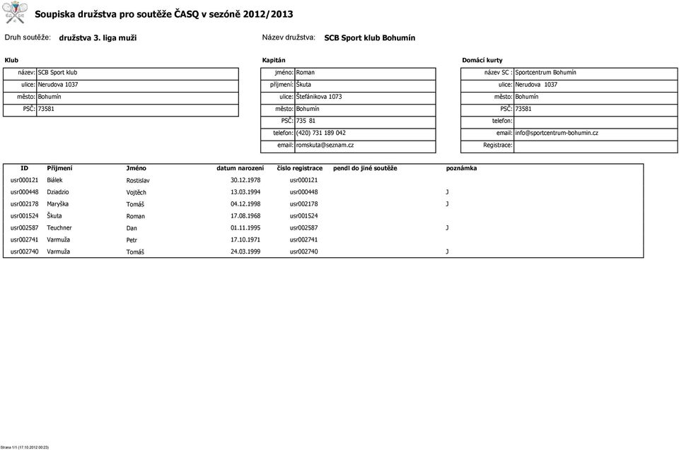 73581 telefon: (420) 731 189 042 email: romskuta@seznam.cz název SC : Sportcentrum Bohumín ulice: Nerudova 1037 město: Bohumín PSČ: 73581 telefon: email: info@sportcentrum-bohumin.