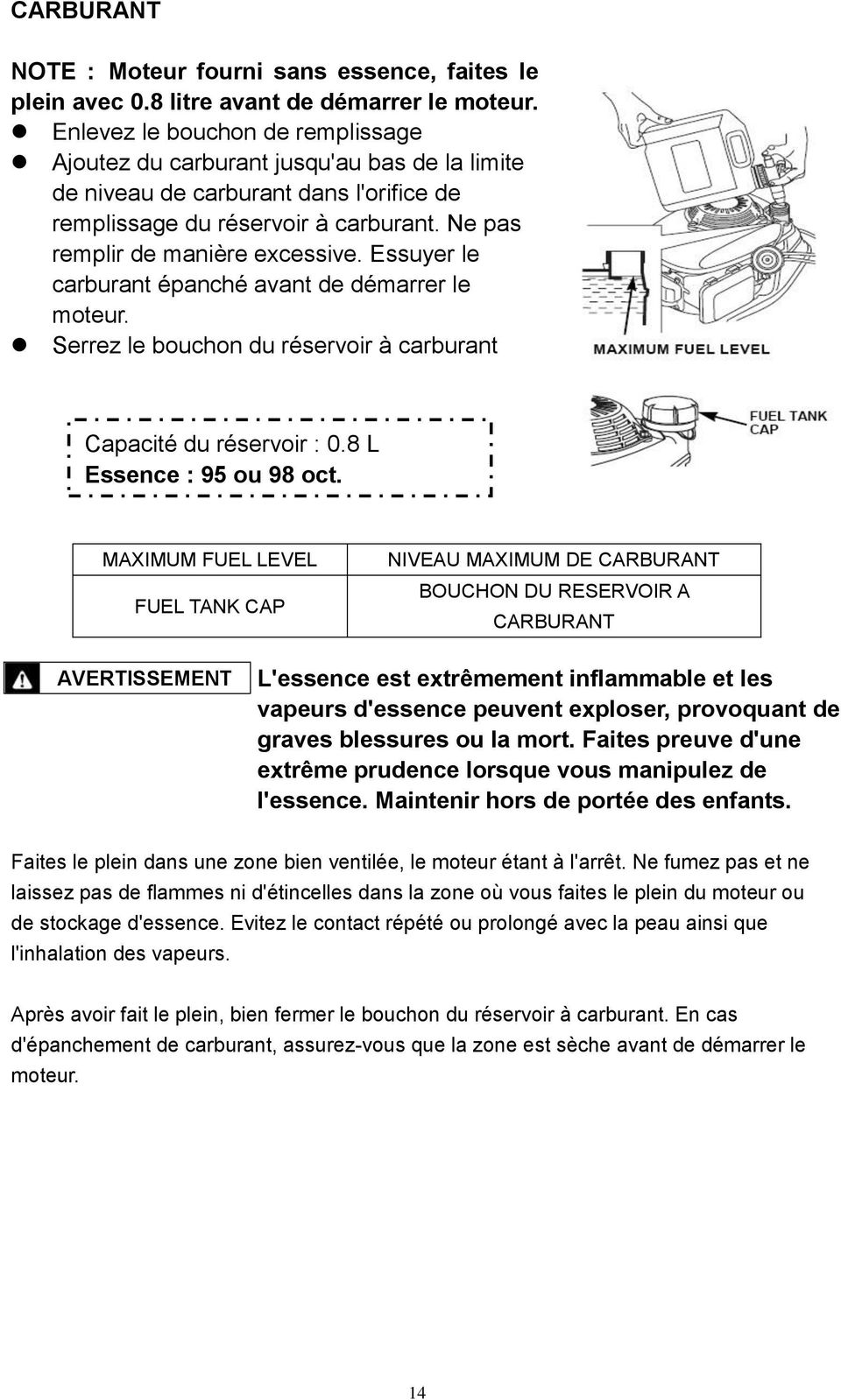 Essuyer le carburant épanché avant de démarrer le moteur. Serrez le bouchon du réservoir à carburant Capacité du réservoir : 0.8 L Essence : 95 ou 98 oct.