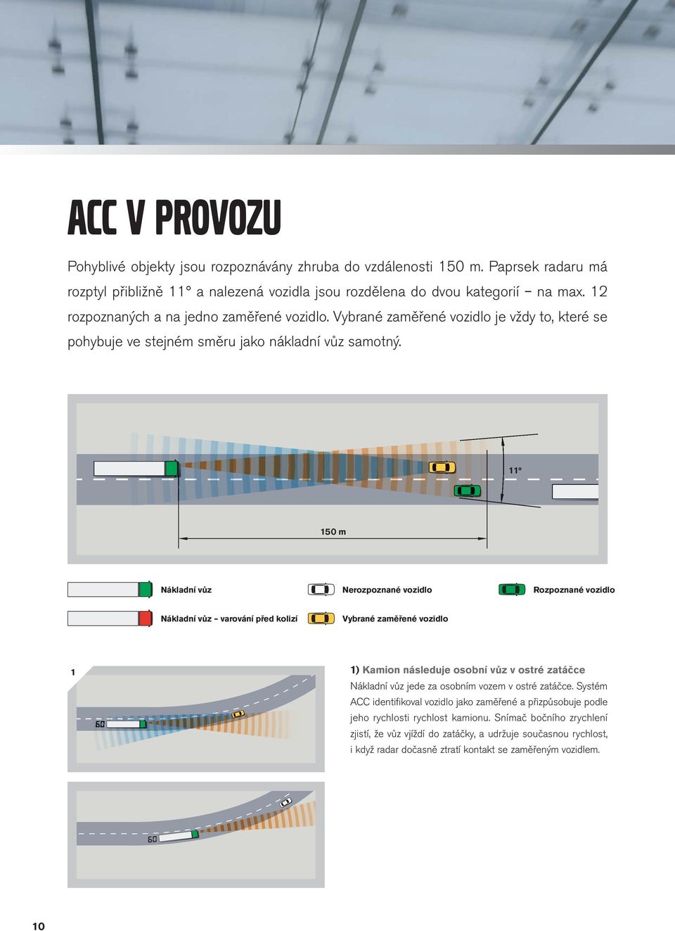 11 150 m Nákladní vůz Nerozpoznané vozidlo Rozpoznané vozidlo Nákladní vůz varování před kolizí Vybrané zaměřené vozidlo 1) Kamion následuje osobní vůz v ostré zatáčce Nákladní vůz jede za osobním