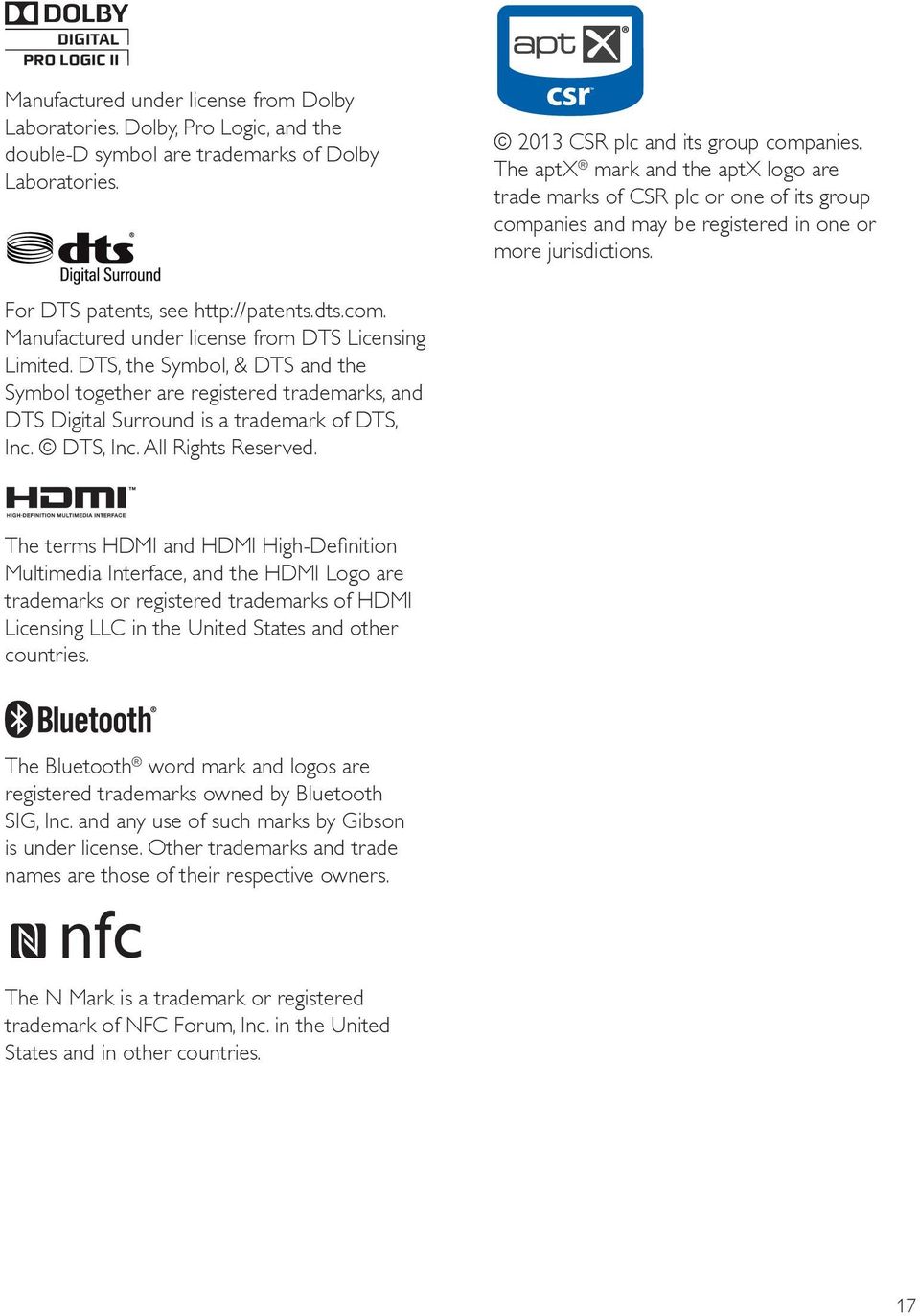 DTS, the Symbol, & DTS and the Symbol together are registered trademarks, and DTS Digital Surround is a trademark of DTS, Inc. DTS, Inc. All Rights Reserved.