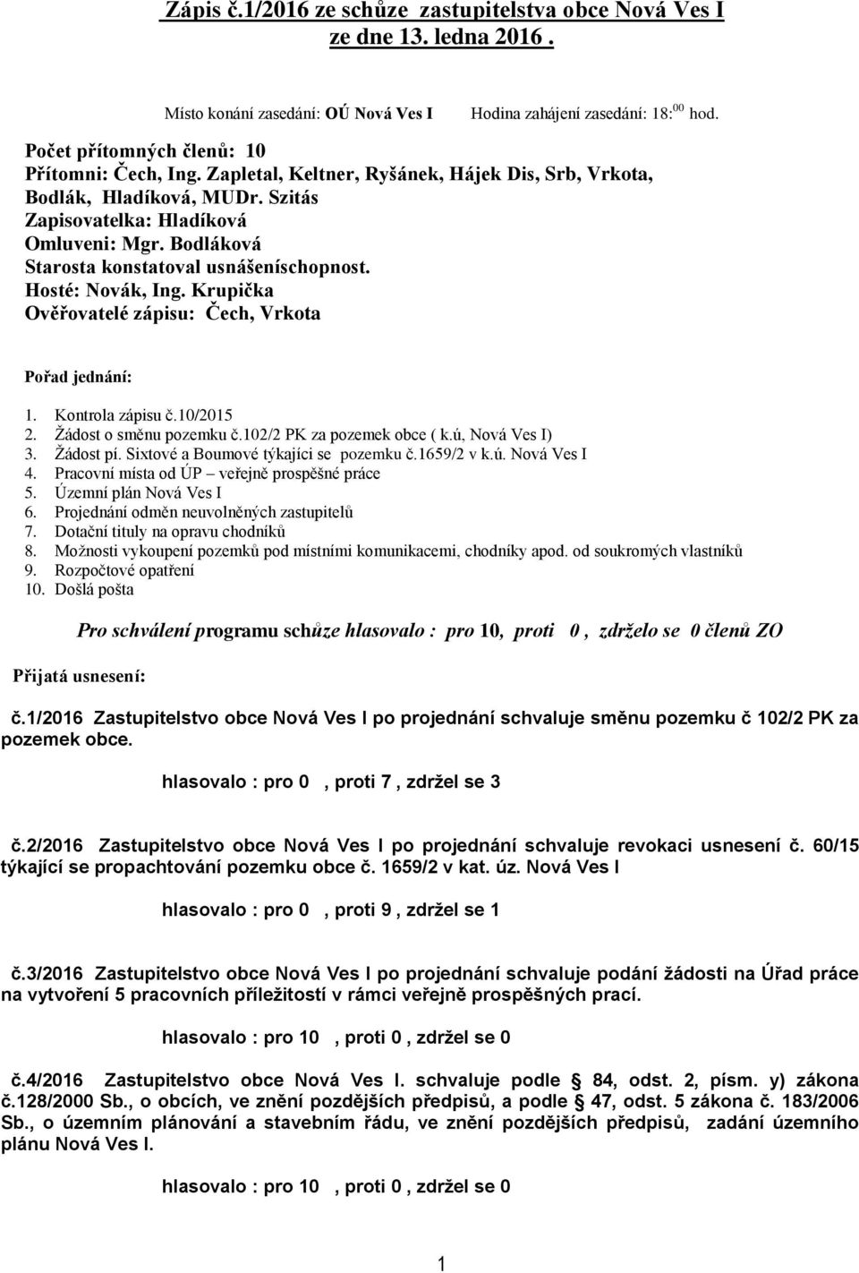 Bodláková Starosta konstatoval usnášeníschopnost. Hosté: Novák, Ing. Krupička Ověřovatelé zápisu: Čech, Vrkota Pořad jednání: 1. Kontrola zápisu č.10/2015 2. Žádost o směnu pozemku č.