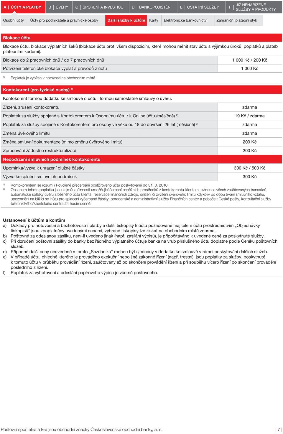 Blokace do 2 pracovních dnů / do 7 pracovních dnů Potvrzení telefonické blokace výplat a převodů z účtu 1 000 Kč / 1 000 Kč Poplatek je vybírán v hotovosti na obchodním místě.