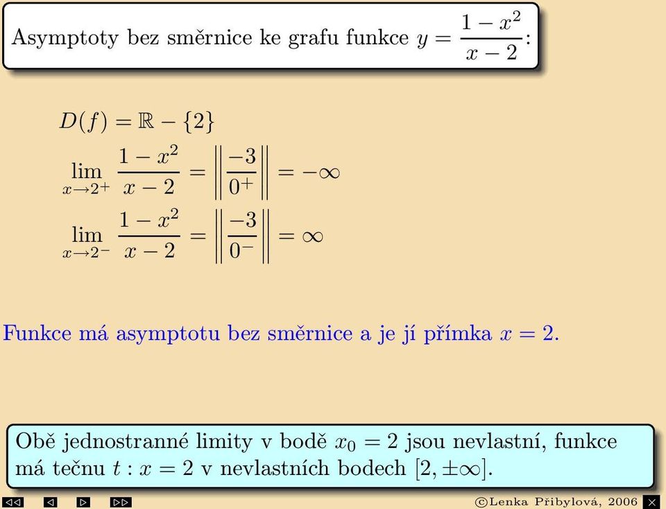 Funkcemáasymptotubezsměrniceajejípřímka x =.