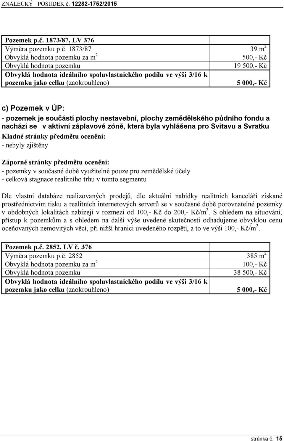 1Ř73/Ř7 3ř m 2 Obvyklá hodnota pozemku za m 2 500,- Kč Obvyklá hodnota pozemku 1ř 500,- Kč Obvyklá hodnota ideálního spoluvlastnického podílu ve výši 3/16 k pozemku jako celku (zaokrouhleno) 5 000,-