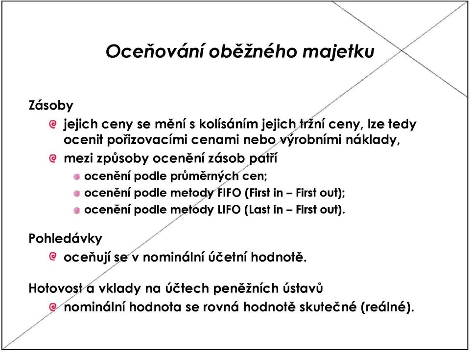 cen; ocenění podle metody FIFO (First in First out); ocenění podle metody LIFO (Last in First out).