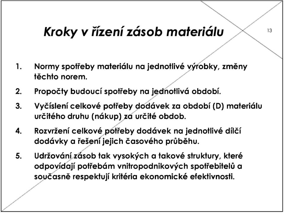 Vyčíslení celkové potřeby dodávek za období (D) materiálu určitého druhu (nákup) za určité obdob. 4.