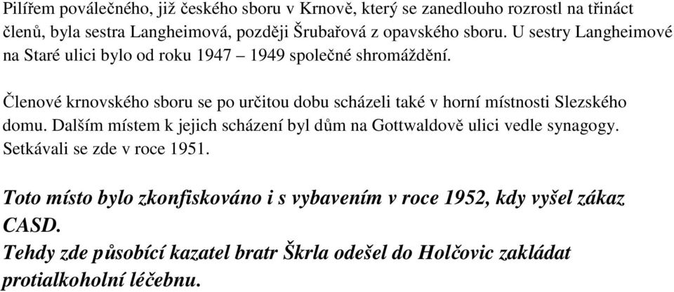 Členové krnovského sboru se po určitou dobu scházeli také v horní místnosti Slezského domu.