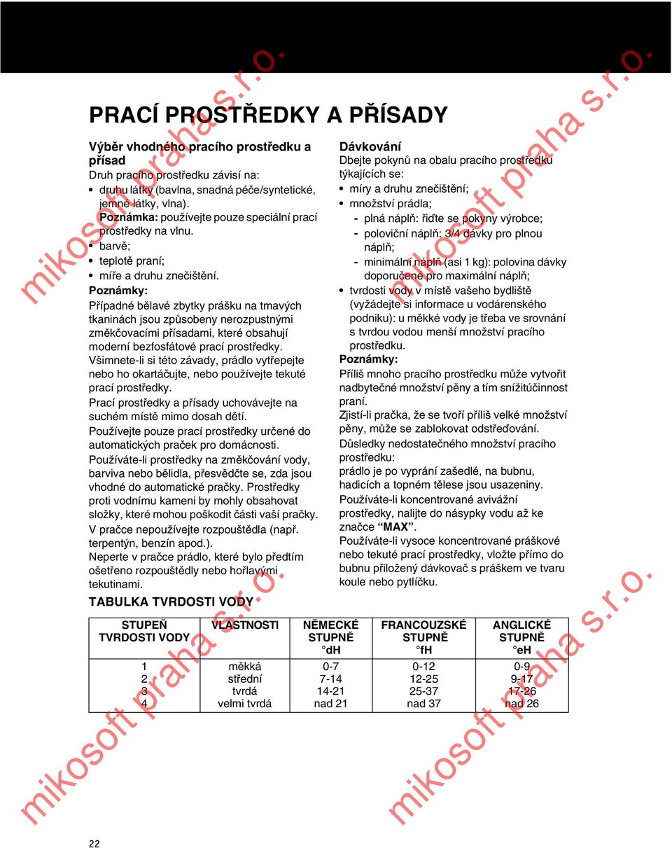 Poznámky: Případné bělavé zbytky prášku na tmavých tkaninách jsou způsobeny nerozpustnými změkčovacími přísadami, které obsahují moderní bezfosfátové prací prostředky.