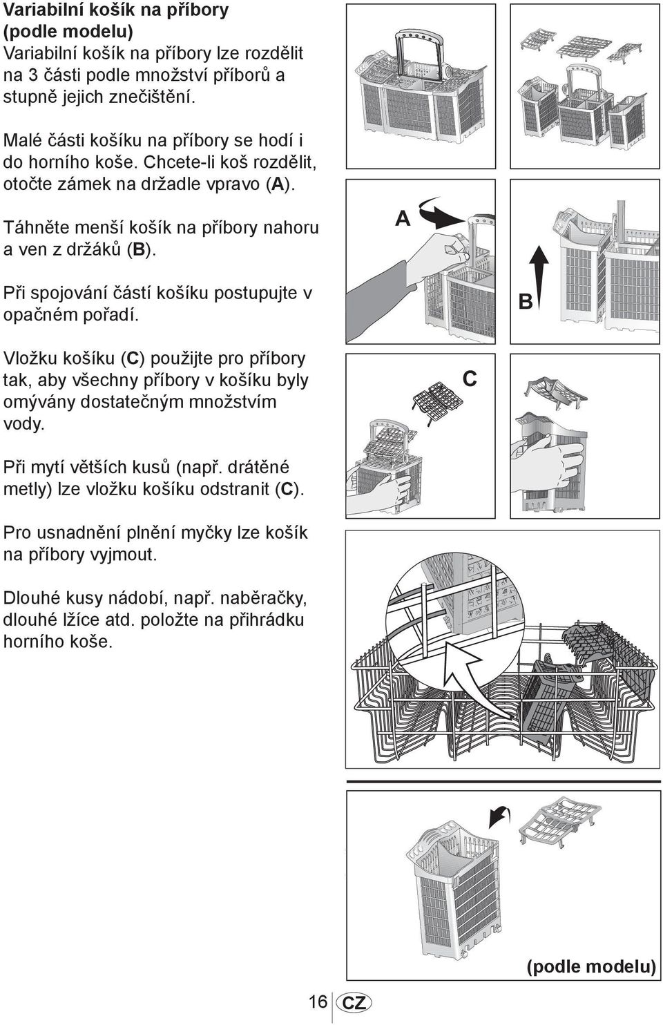 Při spojování částí košíku postupujte v opačném pořadí. Vložku košíku (C) použijte pro příbory tak, aby všechny příbory v košíku byly omývány dostatečným množstvím vody.
