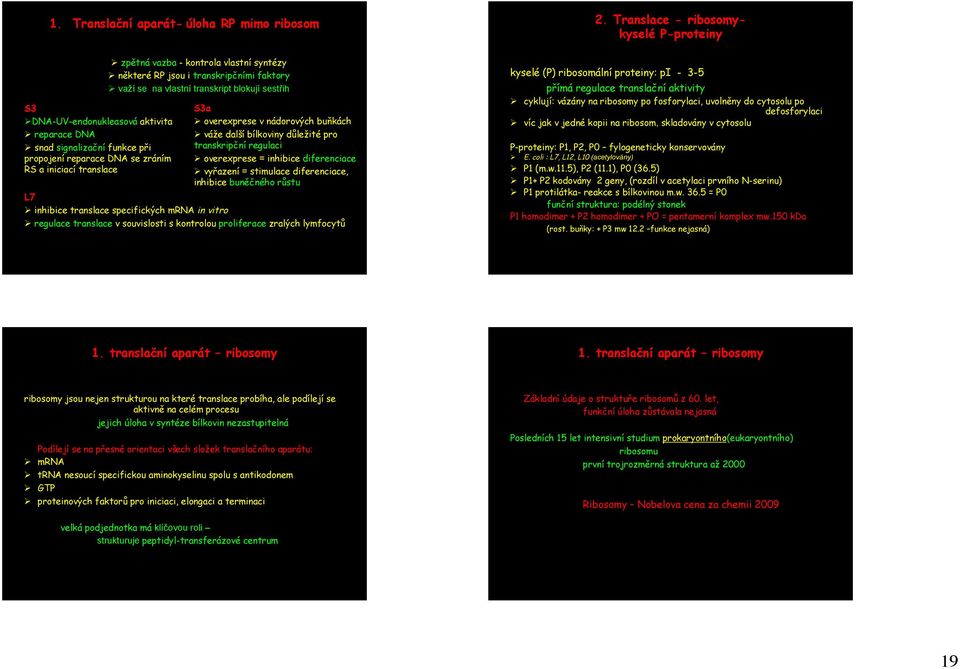 kontrola vlastní syntézy Ø některé RP jsou i transkripčními faktory Ø važí se na vlastní transkript blokují sestřih S3a Ø overexprese v nádorových buňkách Ø váže další bílkoviny důležité pro