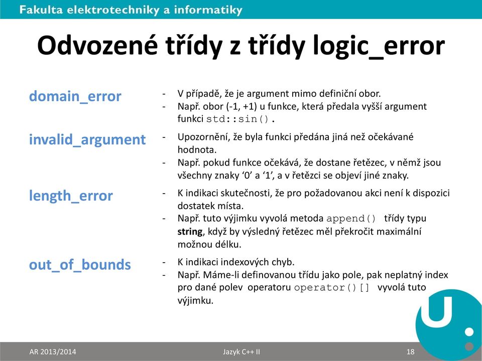 length_error - K indikaci skutečnosti, že pro požadovanou akci není k dispozici dostatek místa. - Např.