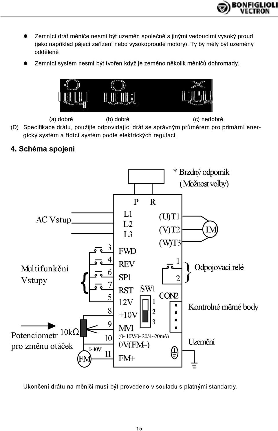 (a) dobré (b) dobré (c) nedobré (D) Specifikace drátu, použijte odpovídající drát se správným průměrem pro primární energický systém a řídící systém podle elektrických regulací. 4.