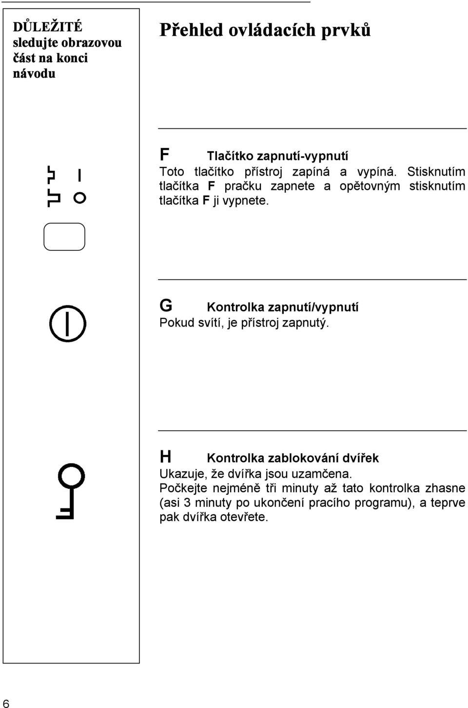 Stisknutím tlačítka F pračku zapnete a opětovným stisknutím tlačítka F ji vypnete.