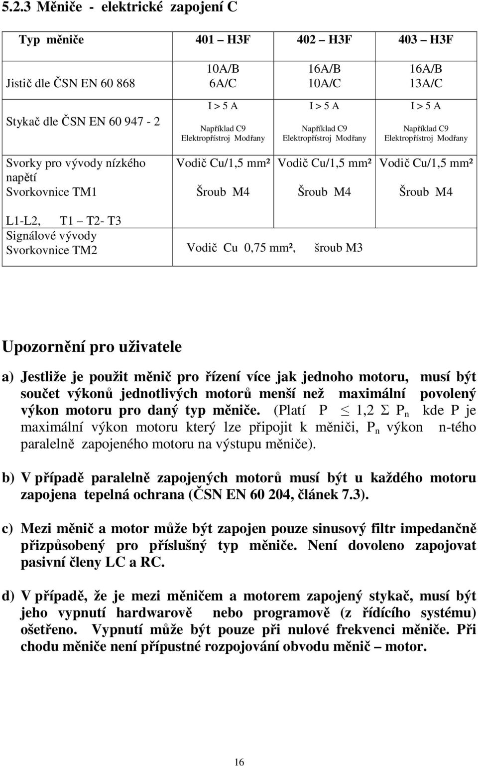 Vodič Cu/1,5 mm² Šroub M4 L1-L2, T1 T2- T3 Signálové vývody Svorkovnice TM2 Vodič Cu 0,75 mm², šroub M3 Upozornění pro uživatele a) Jestliže je použit měnič pro řízení více jak jednoho motoru, musí