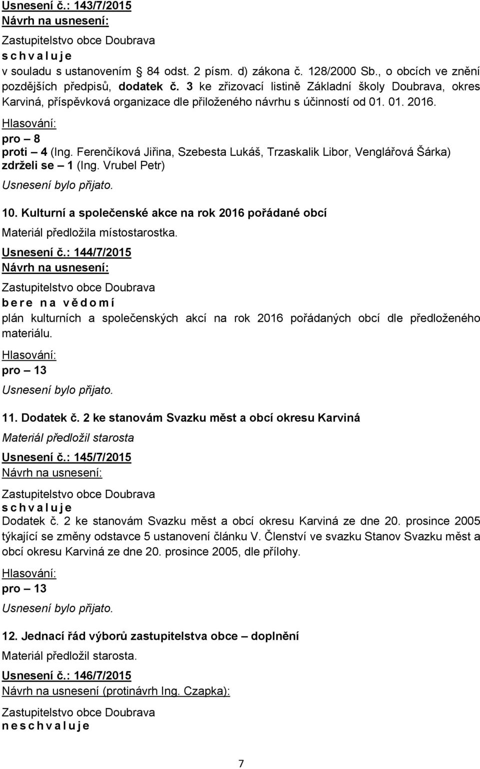 Ferenčíková Jiřina, Szebesta Lukáš, Trzaskalik Libor, Venglářová Šárka) zdrželi se 1 (Ing. Vrubel Petr) 10. Kulturní a společenské akce na rok 2016 pořádané obcí Materiál předložila místostarostka.