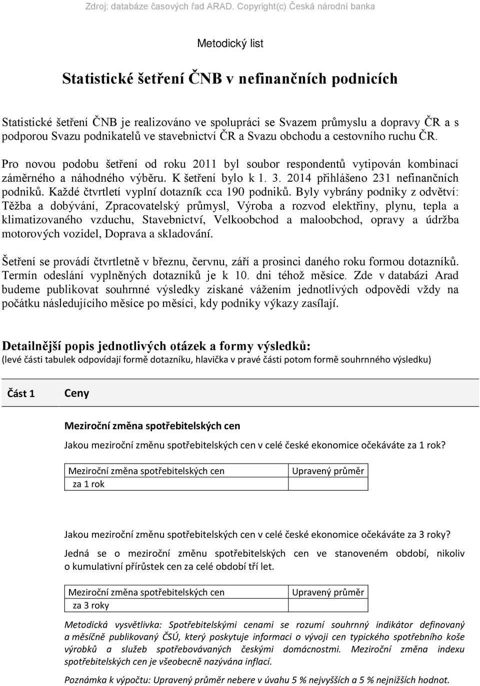 2014 přihlášeno 231 nefinančních podniků. Každé čtvrtletí vyplní dotazník cca 190 podniků.