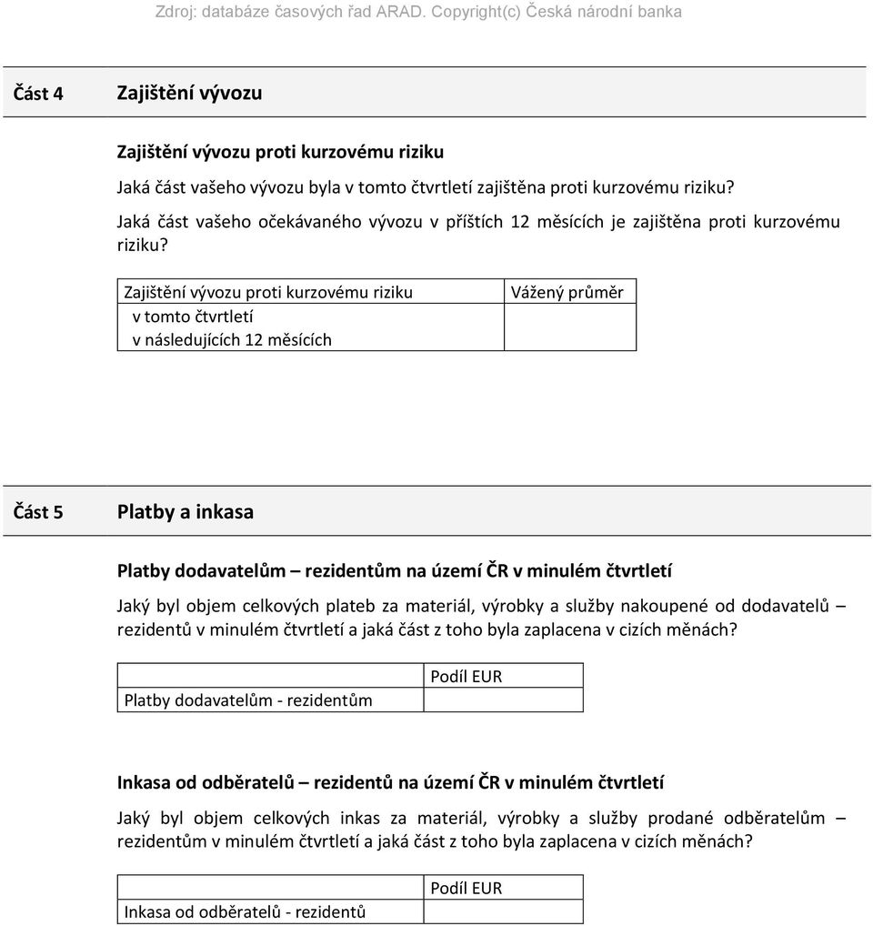Zajištění vývozu proti kurzovému riziku v tomto čtvrtletí v následujících 12 měsících Část 5 Platby a inkasa Platby dodavatelům rezidentům na území ČR v minulém čtvrtletí Jaký byl objem celkových