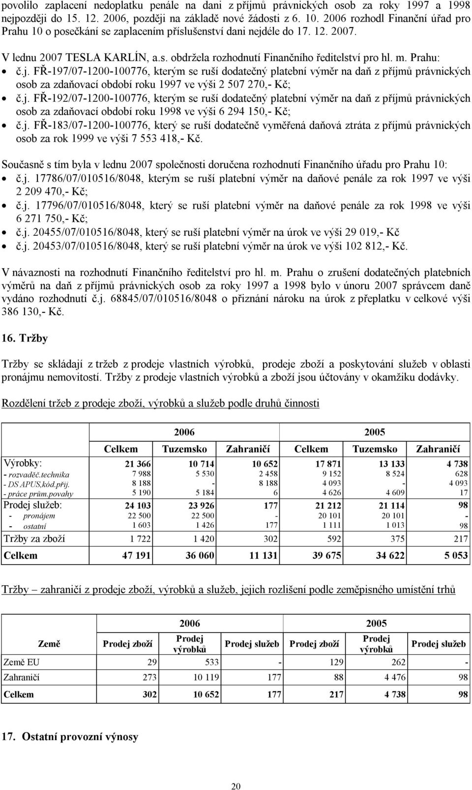 Prahu: č.j. FŘ197/071200100776, kterým se ruší dodatečný platební výměr na daň z příjmů právnických osob za zdaňovací období roku 1997 ve výši 2 507 270, Kč; č.j. FŘ192/071200100776, kterým se ruší dodatečný platební výměr na daň z příjmů právnických osob za zdaňovací období roku 1998 ve výši 6 294 150, Kč; č.