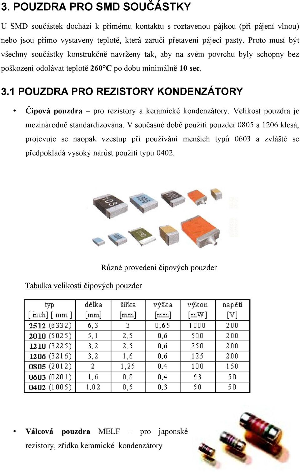 1 POUZDRA PRO REZISTORY KONDENZÁTORY Čipová pouzdra pro rezistory a keramické kondenzátory. Velikost pouzdra je mezinárodně standardizována.