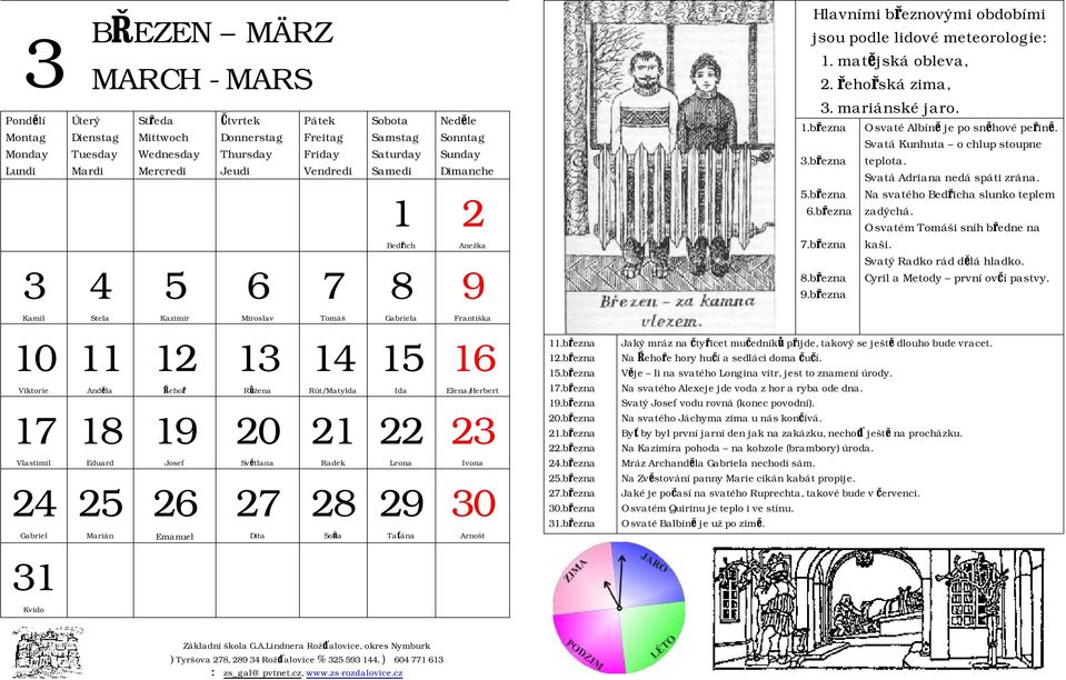 Soňa Sobota Samstag Saturday Samedi 1 Bedřich 8 Gabriela 15 Ida 22 Leona 29 Taťána Neděle Sonntag Sunday Dimanche 2 Anežka 9 Františka 16 Elena/Herbert 23 Ivona 30 Arnošt 11.března 12.března 15.