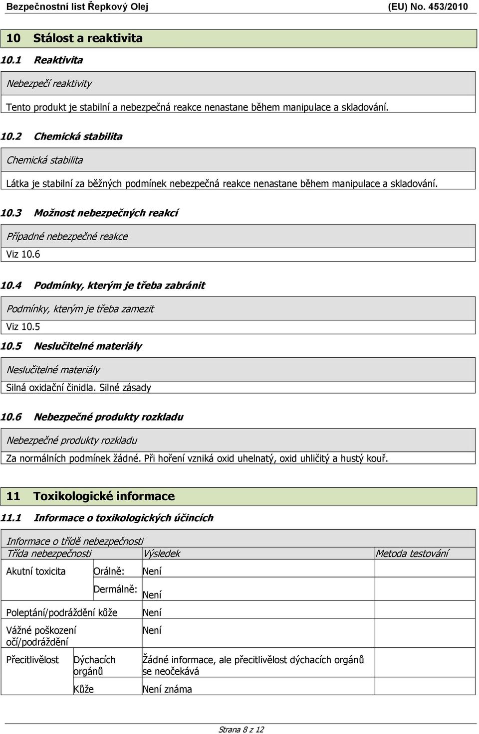 5 Neslučitelné materiály Neslučitelné materiály Silná oxidační činidla. Silné zásady 10.6 Nebezpečné produkty rozkladu Nebezpečné produkty rozkladu Za normálních podmínek žádné.