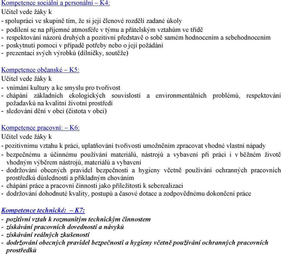 občanské K5: - vnímání kultury a ke smyslu pro tvořivost - chápání základních ekologických souvislostí a environmentálních problémů, respektování požadavků na kvalitní životní prostředí - sledování