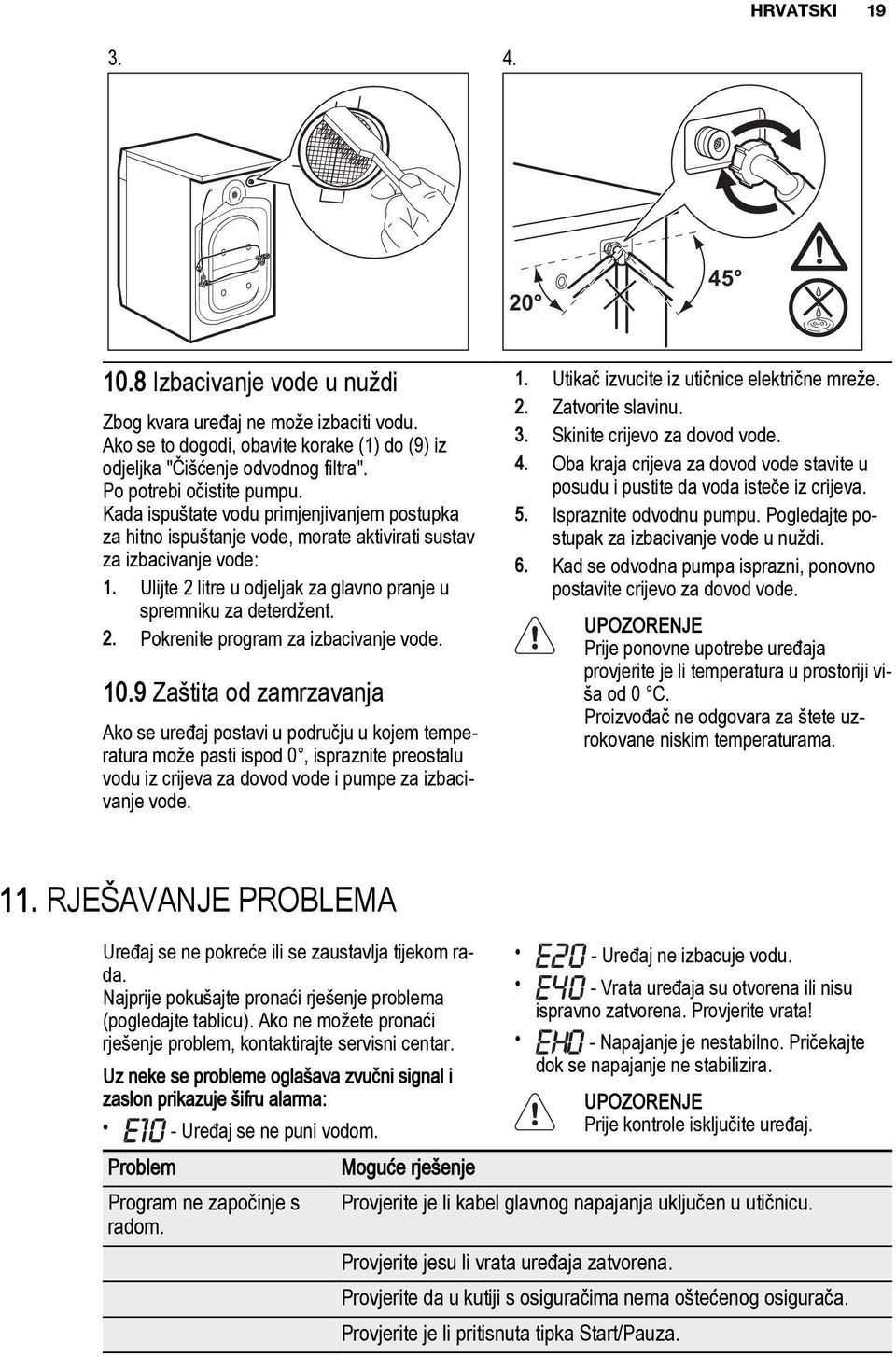 Ulijte 2 litre u odjeljak za glavno pranje u spremniku za deterdžent. 2. Pokrenite program za izbacivanje vode. 10.