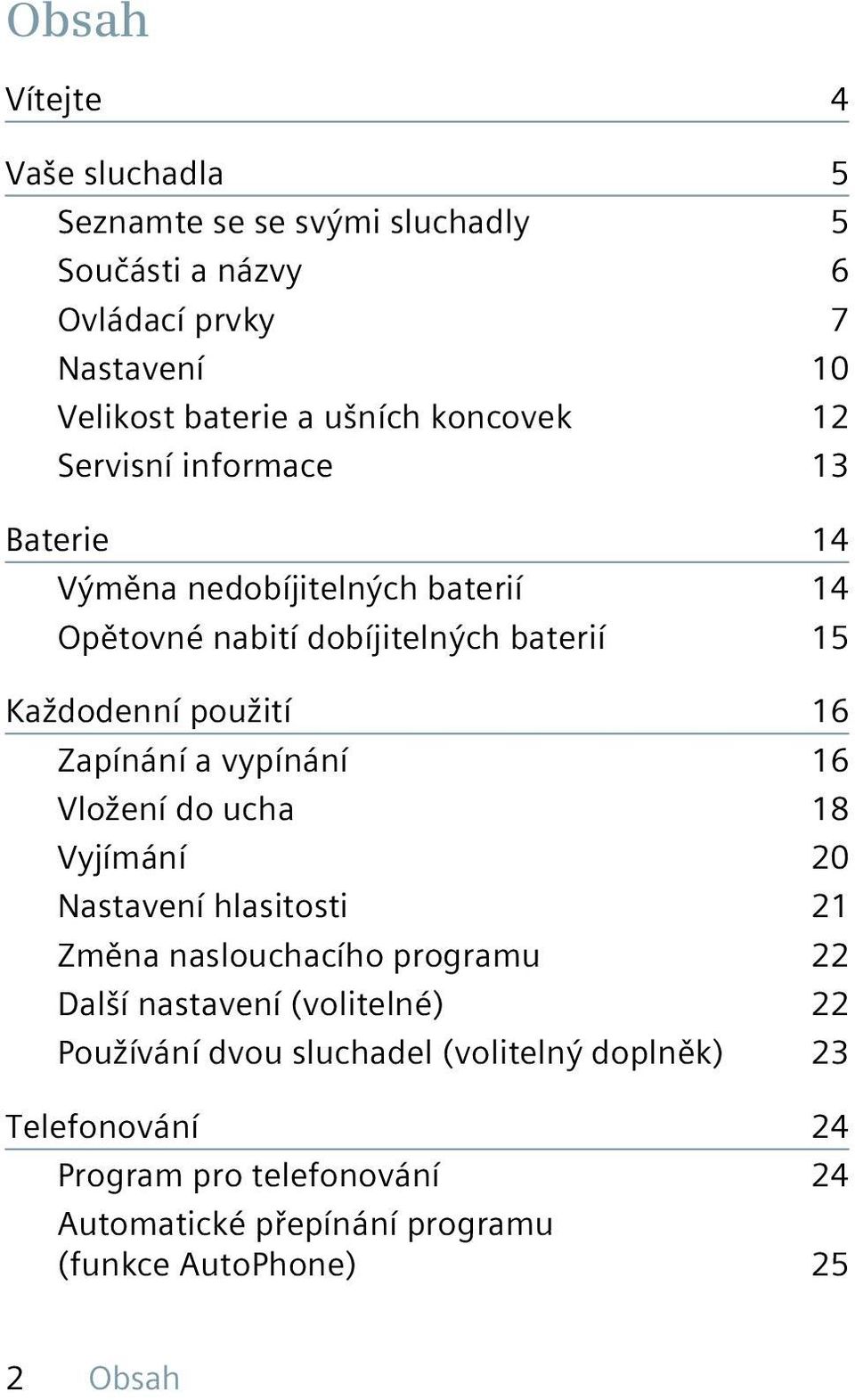 Zapínání a vypínání 16 Vložení do ucha 18 Vyjímání 20 Nastavení hlasitosti 21 Změna naslouchacího programu 22 Další nastavení (volitelné) 22