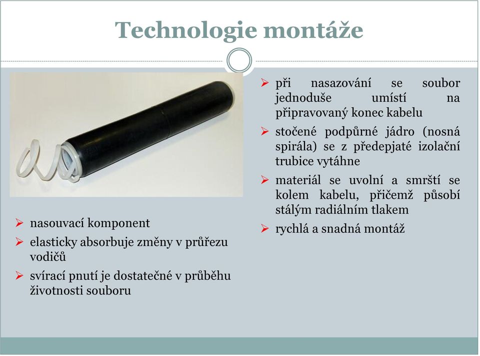 kabelu stočené podpůrné jádro (nosná spirála) se z předepjaté izolační trubice vytáhne