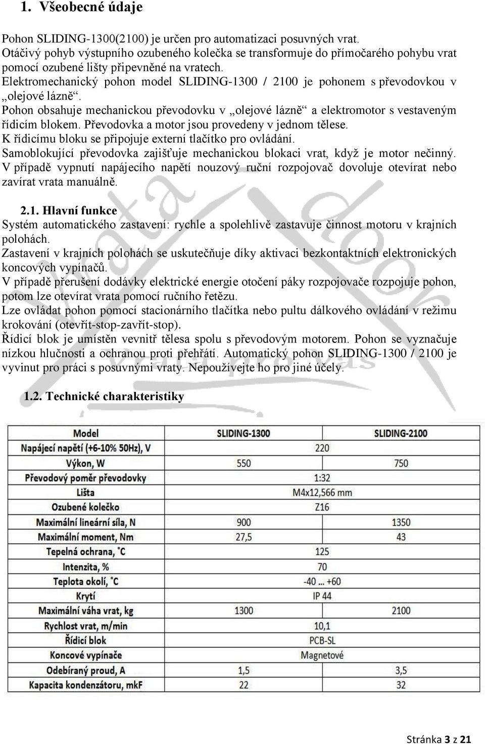 Elektromechanický pohon model SLIDING-1300 / 2100 je pohonem s převodovkou v olejové lázně. Pohon obsahuje mechanickou převodovku v olejové lázně a elektromotor s vestaveným řídicím blokem.