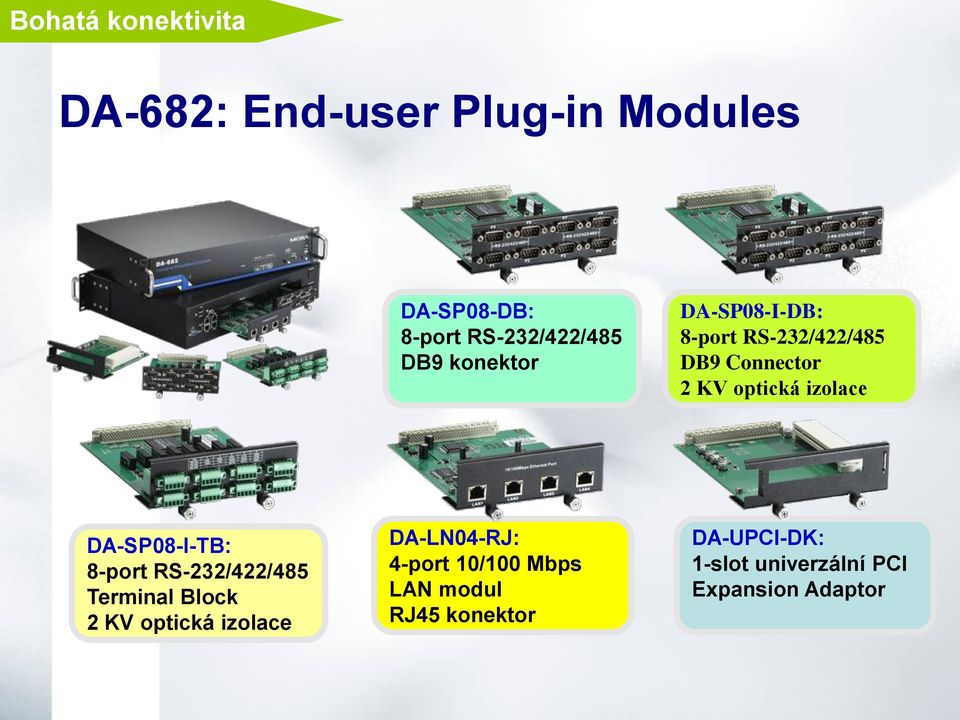 DA-SP08-I-TB: 8-port RS-232/422/485 Terminal Block 2 KV optická izolace DA-LN04-RJ: