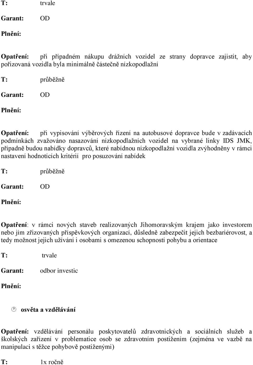 nízkopodlažní vozidla zvýhodněny v rámci nastavení hodnotících kritérií pro posuzování nabídek T: průběžně OD Opatření: v rámci nových staveb realizovaných Jihomoravským krajem jako investorem nebo