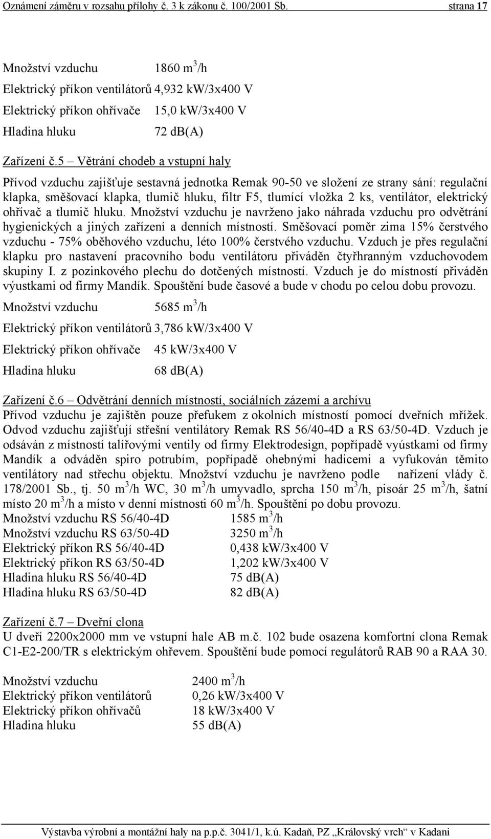 5 Větrání chodeb a vstupní haly Přívod vzduchu zajišťuje sestavná jednotka Remak 90-50 ve složení ze strany sání: regulační klapka, směšovací klapka, tlumič hluku, filtr F5, tlumící vložka 2 ks,