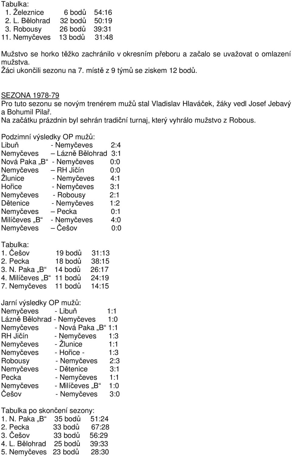 SEZONA 1978-79 Pro tuto sezonu se novým trenérem mužů stal Vladislav Hlaváček, žáky vedl Josef Jebavý a Bohumil Pilař. Na začátku prázdnin byl sehrán tradiční turnaj, který vyhrálo mužstvo z Robous.