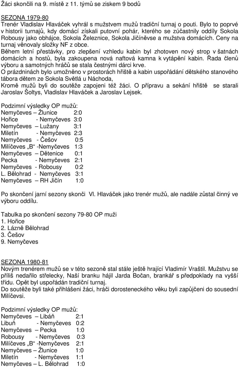 Ceny na turnaj věnovaly složky NF z obce. Během letní přestávky, pro zlepšení vzhledu kabin byl zhotoven nový strop v šatnách domácích a hostů, byla zakoupena nová naftová kamna k vytápění kabin.